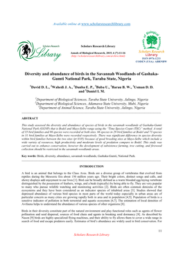 Diversity and Abundance of Birds in the Savannah Woodlands of Gashaka- Gumti National Park, Taraba State, Nigeria