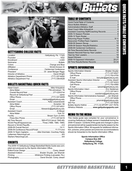 1 GETTYSBURG BASKETBALL Quick FACTS/TABLE of Contents