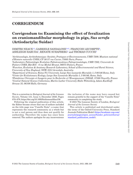 Corrigendum To: Examining the Effect of Feralization on Craniomandibular Morphology in Pigs, Sus Scrofa