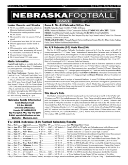 The 2001 Nebraska (3-0) Football Schedule/Results Day