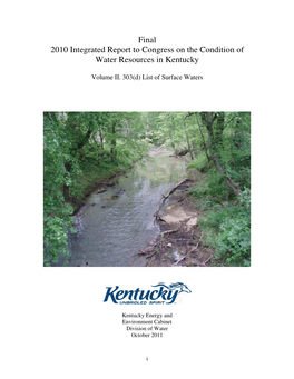 Final 2010 Integrated Report to Congress on the Condition of Water Resources in Kentucky