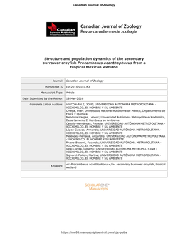 Structure and Population Dynamics of the Secondary Burrower Crayfish Procambarus Acanthophorus from a Tropical Mexican Wetland