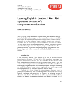 Learning English in London, 1946-1964: a Personal Account of a Comprehensive Education