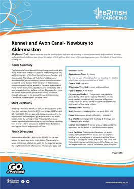 Kennet and Avon Canal- Newbury to Aldermaston Moderate Trail: Please Be Aware That the Grading of This Trail Was Set According to Normal Water Levels and Conditions