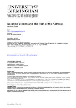 Serafima Birman and the Path of the Actress: from Stanislavsky's