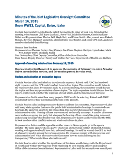 Minutes of the Joint Legislative Oversight Committee March 16, 2015 Room WW53, Capitol, Boise, Idaho