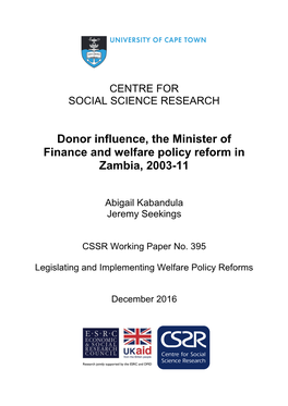 Donor Influence, the Minister of Finance and Welfare Policy Reform in Zambia, 2003-11