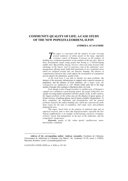 Community Quality of Life. a Case Study of the New Popeşti-Leordeni, Ilfov
