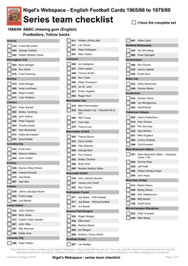 Series Team Checklist I Have the Complete Set 1968/69 A&BC Chewing Gum (English) Footballers, Yellow Backs
