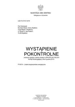 WYSTĄPIENIE POKONTROLNE Zmienione Zgodnie Z Treścią Uchwały Nr KPK-KPO.443.185.2019 Komisji Rozstrzygającej Z Dnia 9 Grudnia 2019 R