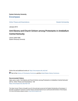 Anti-Slavery and Church Schism Among Protestants in Antebellum Central Kentucky