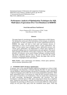 Performance Analysis of Optimization Techniques for SQL Multi Query Expressions Over Text Databases in RDBMS