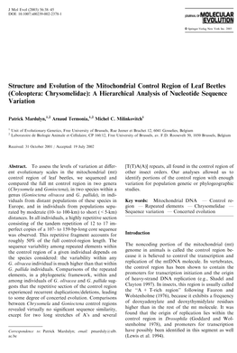 Structure and Evolution of the Mitochondrial Control Region of Leaf Beetles Coleoptera: Chrysomelidae): a Hierarchical Analysis of Nucleotide Sequence Variation