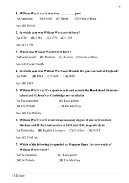 1. William Wordsworth Was A/An ___Poet (A) American