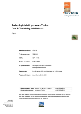 Archeologiebeleid Gemeente Tholen Deel B: Toelichting Beleidskaart