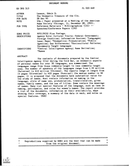 The Onomastic Treasure of the CIA. PUB DATE 28 Dec 95 NOTE 43P.; Paper Presented at a Meeting of the American Name Society (Chicago, IL, December 28, 1995)