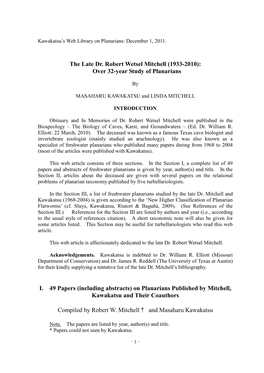 The Late Dr. Robert Wetsel Mitchell (1933-2010): Over 32-Year Study of Planarians