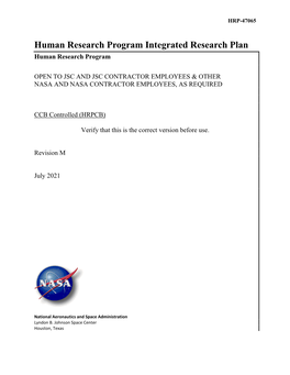 Human Research Program Integrated Research Plan (IRP)