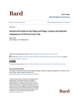 Hansel and Gretel on the Page and Stage: Literary and Operatic Adaptations of Grimm’S Fairy-Tale