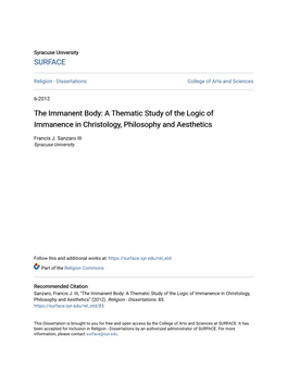 The Immanent Body: a Thematic Study of the Logic of Immanence in Christology, Philosophy and Aesthetics