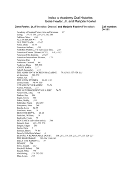 Index to Academy Oral Histories Gene Fowler, Jr. and Marjorie Fowler