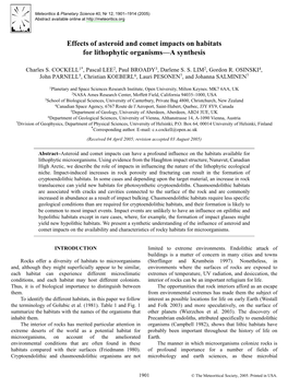 Effects of Asteroid and Comet Impacts on Habitats for Lithophytic Organisms—A Synthesis