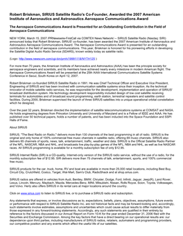 Robert Briskman, SIRIUS Satellite Radio's Co-Founder, Awarded the 2007 American Institute of Aeronautics and Astronautics Aerospace Communications Award