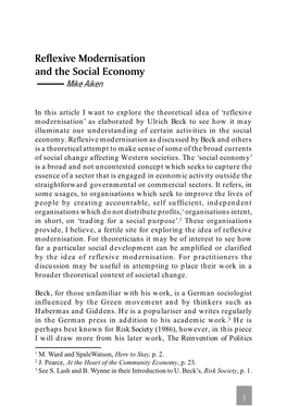 Reflexive Modernisation and the Social Economy Mike Aiken