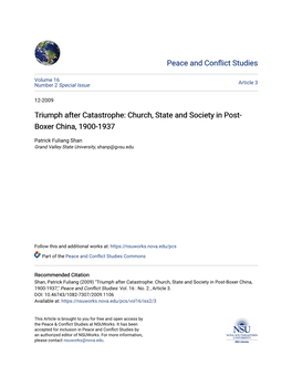 Church, State and Society in Post-Boxer China, 1900-1937," Peace and Conflict Studies: Vol