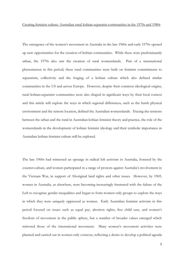 Creating Feminist Culture: Australian Rural Lesbian-Separatist Communities in the 1970S and 1980S