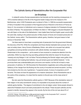 The Catholic Gentry of Warwickshire After the Gunpowder Plot Jan Broadway in Sixteenth Century Europe Assassinations Had Dramatic and Far-Reaching Consequences