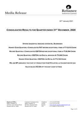 Consolidated Results for Quarter Ended 31St December, 2020