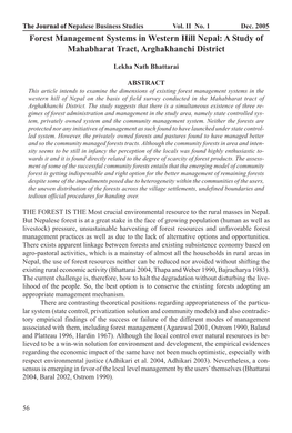 Forest Management Systems in Western Hill Nepal: a Study of Mahabharat Tract, Arghakhanchi District