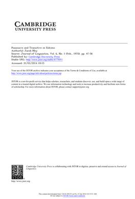 Possessive and Transitive in Eskimo Author(S): Jacob Mey Source: Journal of Linguistics, Vol