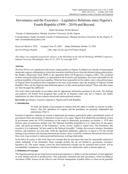 Legislative Relations Since Nigeria's Fourth Republic (1999 – 2019)
