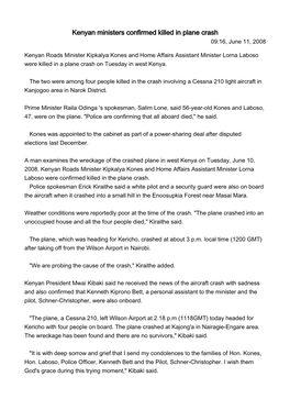 Kenyan Ministers Confirmed Killed in Plane Crash 09:16, June 11, 2008