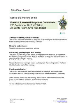 Notice of a Meeting of the Finance & General Purposes Committee 26