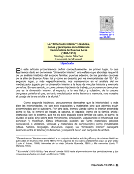 La “Dimensión Interior”: Casonas, Patios Y Jerarquías En La Literatura Memorialista De Buenos Aires (1880-1910) Santiago