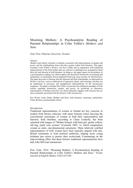 Mourning Mothers: a Psychoanalytic Reading of Parental Relationships in Colm Tóibín’S Mothers and Sons