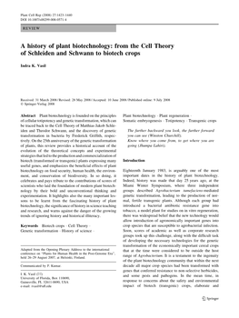 A History of Plant Biotechnology: from the Cell Theory of Schleiden and Schwann to Biotech Crops