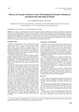 Phoresy of Uropoda Orbicularis (Acari: Mesostigmata) by Beetles (Coleoptera) Associated with Cattle Dung in Poland