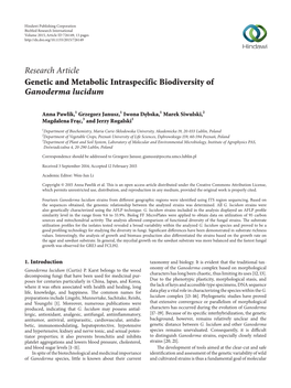 Genetic and Metabolic Intraspecific Biodiversity of Ganoderma Lucidum