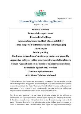 Human Rights Monitoring Report August 1 – 31, 2016