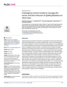 A Biological Control Model to Manage the Vector and the Infection of Xylella Fastidiosa on Olive Trees