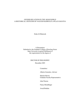 Gender Relations in the Arab World a Rhetorical Criticism of Naguib Mahrouz's Awlad Haratina