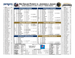 New England Patriots Vs. Jacksonville Jaguars Sunday, September 27, 2015 • 1:00 P.M