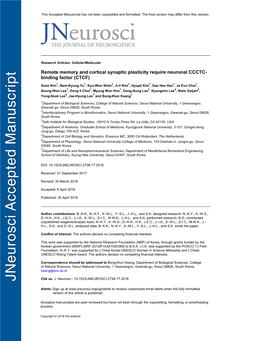 Remote Memory and Cortical Synaptic Plasticity Require Neuronal CCCTC- Binding Factor (CTCF)