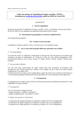 Cahier Des Charges De L’Appellation D’Origine Contrôlée « FITOU » Homologué Par Arrêté Du 10 Avril 2019, Publié Au JORF Du 2 Mai 2019