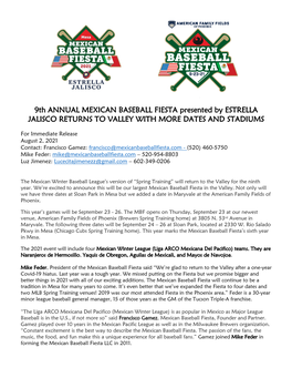 9Th ANNUAL MEXICAN BASEBALL FIESTA Presented by ESTRELLA JALISCO RETURNS to VALLEY with MORE DATES and STADIUMS