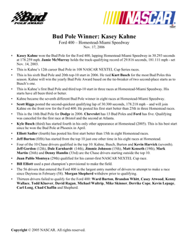 Bud Pole Winner: Kasey Kahne Ford 400 – Homestead-Miami Speedway Nov